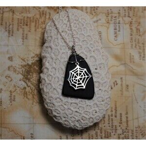 Black Sea Glass Style Spiderweb Necklace and Earring Set Handmade Wire Wrapped